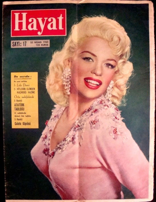 1960 Hayat Mag w. Jayne Mansfield Cover: Turkish Magazine "Hayat" with Jayne Mansfield Cover; 1960 Issue; magazine in very good condition; does have crease down the center and a few chips out of the top back cover, but otherwise very good; i