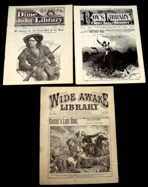1880's-90's Western Dime Magazines (3): Lot of (3) Western Dime Magazines. These 3 stapled magazines are in very good condition and are possibly reprints. Titles include” Custer’s Last Shot”, Wide Awake Library No 1196, March 31, 1894