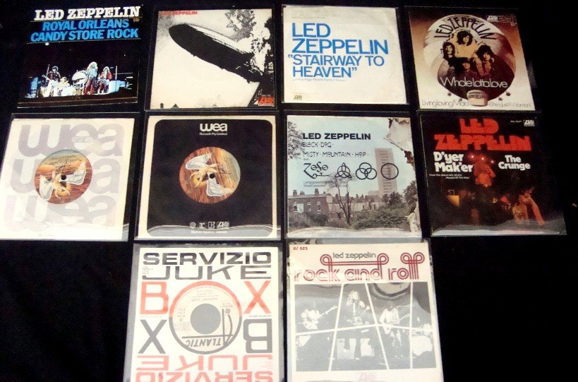 Lot of Vintage/Bootleg Led Zeppelin Records: Lot of (10) Vintage/bootleg Led Zeppelin 45s; mostly from early to mid 70's; some only released as bootleg copies; includes Royal Orleans; Candy Store Rock; Stairway to Heaven (Atlantic Records sample