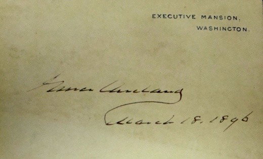 1896 Grover Cleveland Signature Cut: Grover Cleveland Signature Cut dated March 18, 1896; measures approx 4-1/2" x 2-1/2" with the words 'Executive Mansion, Washington' printed in the upper right hand corner on heavy stock paper; signatu