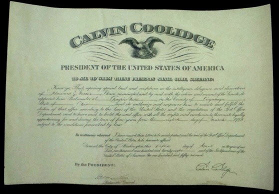 1928 Calvin Coolidge Signed Postal Document: Calvin Coolidge Signed Post Office Appointment Document dated March 8th, 1928; measures approx 18" x 12"; partially manuscript civil appointment of Howard E. Foster to Postmaster of Chagrin Falls, Ohi