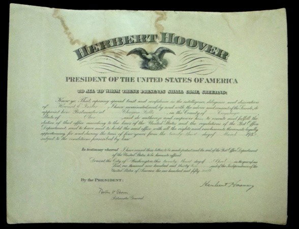 1932 Herbert Hoover Signed Postal Document: Herbert Hoover Signed Post Office Appointment Document dated March 23rd, 1928; measures approx 18" x 13-1/2"; partially manuscript civil appointment of Howard E. Foster to Postmaster of Chagrin Falls,