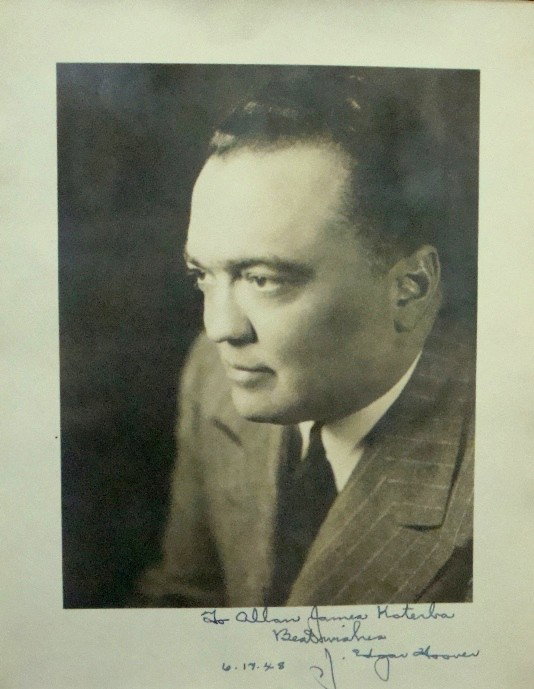 1948 J. Edgar Hoover Signed 9x12 Print: J. Edgar Hoover Autographed 9x12 B&W Press Print; signed on the bottom in blue pen; 'To Allan James Katerba Best Wishes J. Edgar Hoover 6.17.48' inscription on the bottom; nice, clean signature; was p