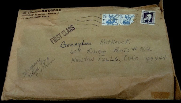 1979 Cleveland Browns Autograph Book: 1979 Cleveland Browns Autograph Book; includes (40) autographs and the original envelope the book was shipped in; some of the signatures include Mark Miller, Robert Jackson, Brian Sipe, Ozzie Newsome,