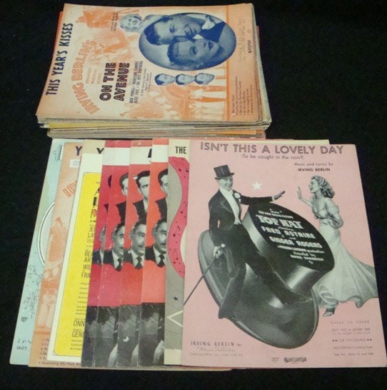 1930's-40's Irving Berlin Sheet Music Lot: Lot of 1930's-40's Sheet Music Pieces; includes approx (75+) pieces; overall condition is good; includes many show tunes; some titles include I'm Playing With Fire, Always, Roses of Yesterday, Remembe