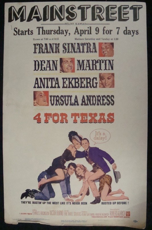 1960's 4 For Texas Movie Lobby Card: 4 For Texas Movie Lobby Card; promotional lobby card for the 1963 film starring Frank Sinatra, Dean Martin and Anita Ekberg; Directed by Robert Aldrich; Warner Bros Pictures; measures approx 14" x 22"