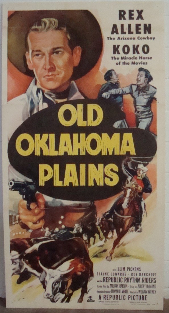 1950's Old Oklahoma Plains 3-Sheet Movie Poster: Old Oklahoma Plains 3-Sheet Movie Poster; promotional poster for the 1952 movie starring Rex Allen, Koko and Slim Pickens; directed by William Witney; Republic Pictures; great 3-sheet movie poster mou
