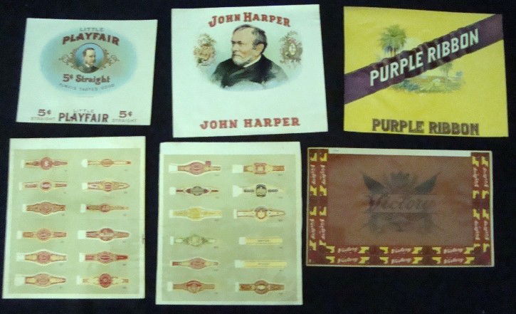 Lot of Vintage Cigar Box Labels & Bands: Lot of Vintage Cigar Box Labels and Bands; all in excellent condition; includes Little Playfair, John Harper, Purple Ribbon, Victory and (2) uncut sheets of cigar bands; some bands include Conrad Weis