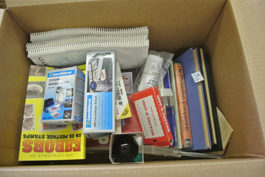 Balance of One Man's Collection: Large lot of misc. items incl. some old catalogs, philatelic literature, stamp drying books, etc. Some useful supplies the best of which is a Lighthouse Zoom Microscope with LED and an 8x LED Lighthou