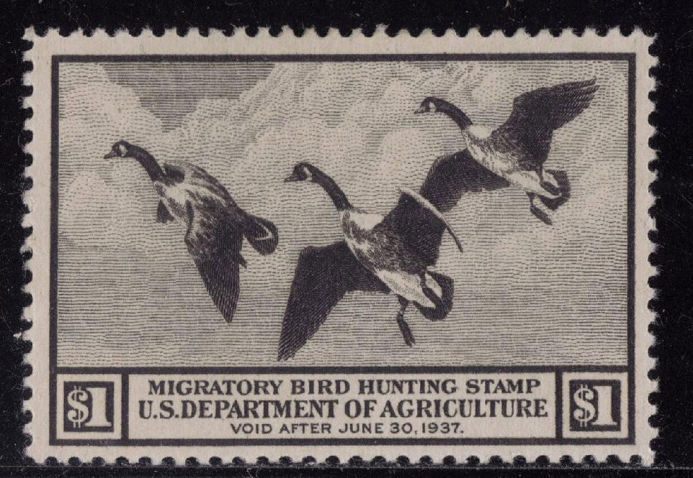 U.S.Scott RW3 VF OG LH Canada Geese SCV.$185: 1936 Duck Stamp, Scott RW3, Unused with Very Fine centering, lightly hinged original gum. 2011 SCV.$185