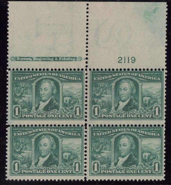 U.S.Scott 324 Impt.T.V p#Block of 4 SCV.$325: Nice plate block of 4, Scott 324, Ave-F centering, full NH original gum. Few perf seps. Decent early p#block. 2011 SCV.$325