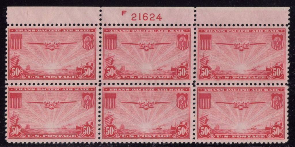 U.S.Scott C22 Top P#Block of 6 NH SCV.$90: Very nice plate block, Scott C22, Unused with VF centering, full never hinged original gum. p#21624. 2012 SCV.$90