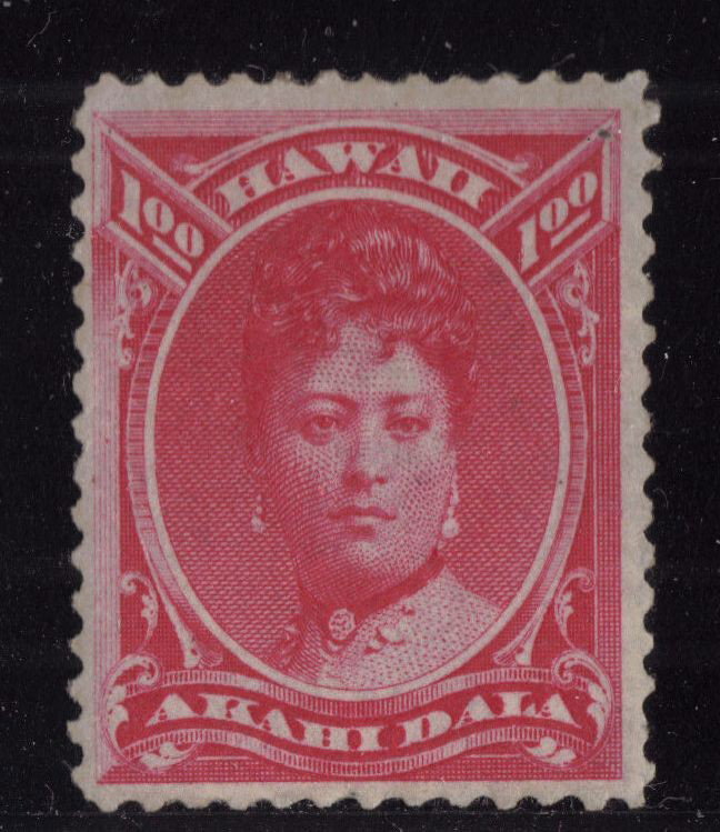 Hawaii Scott 49 F-VF OG H $1 Queen SCV.$275: Nice appearing stamp, Scott 49, Unused with F-VF centering, original gum that is previously hinged. Tiny inclusion upper right. 2012 SCV.$275