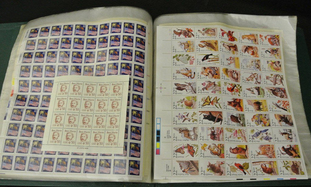 United States Sheets Collection $570+: Post office fresh lot of primarily full 22 cent denominations sheets in a White Ace Guardian mint sheet binder. Noticed (4)Wildlife sheets and (1)Bret Harte sheet. Total face is $570+