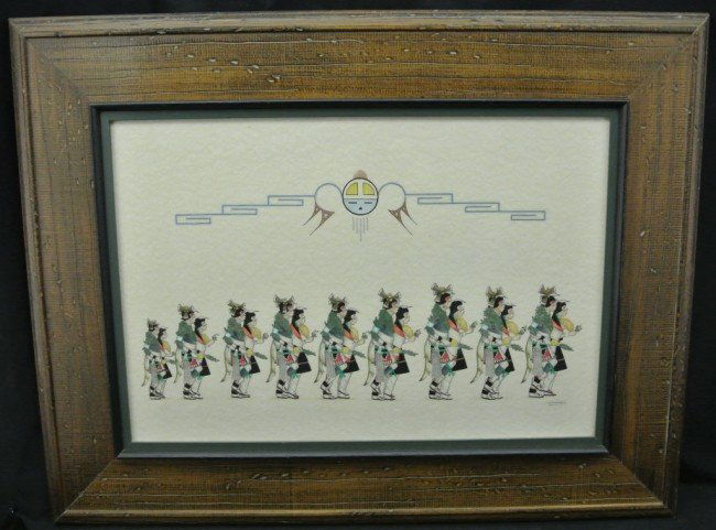 Original Oil Painting with Watercolor by San Ildefo: Original Oil Painting with Watercolor by San Ildefonso Artist J.D. Roybal (1922-1978). Titled “Basket Dance”, the image measures 21.5” x 15” and the frame measures 30.5” x 24”. Value $1700