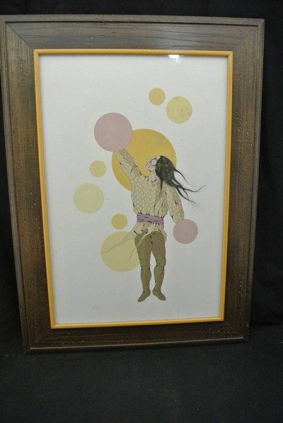 Original Egg Tempera Painting by Comanche Artist Di: Original Egg Tempera Painting by Comanche Artist Dian O’Leary (1935-). Titled “Morning Star Dancing”, the image measures 20” x 29.5” and the frame measures 28” x 39”. Some spotting. Valu