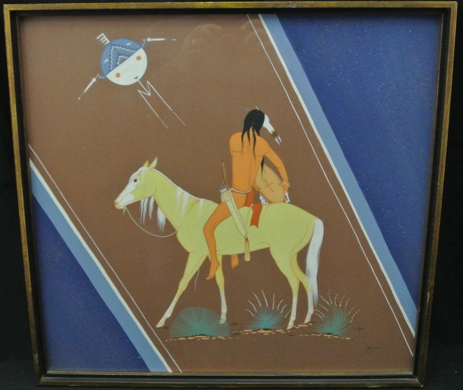 Original Tempera Painting by Navajo artist Beatien: Original Tempera Painting by Navajo artist Beatien Yaz (1928-). Titled” Man on Horse”, the image measures 21” x 19.5” and the frame measures 22” x 21”. Value $200-400 RESERVE $100