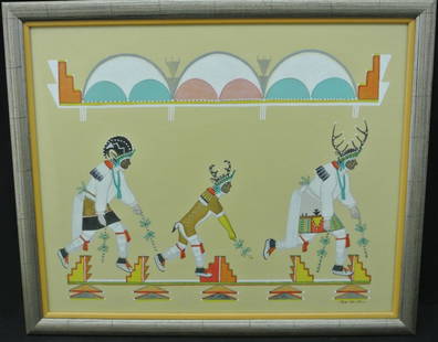 Original Tempera Painting by San Ildefonso Artist R: Original Tempera Painting by San Ildefonso Artist Romando Vigil (1902-1978). Titled “Dancesr”, the image measures 20” x 16” and the frame measures 22” x 18.5”. Romando is also known as