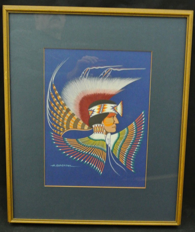 Original Tempera Painting by Cheyenne artist Archi: Original Tempera Painting by Cheyenne artist Archie Blackowl (1911-1992”. Untitled. Image measures 15.5” x 19”, frame measures 17” x 20.5”. value $400-600 RESERVE $200