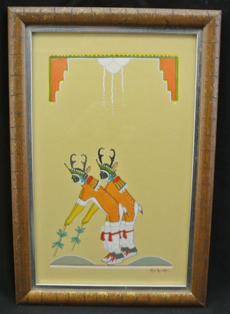 Original Tempera Painting by San Ildefonso Artist: Original Tempera Painting by San Ildefonso Artist Romando Vigil (1902-1978). Titled “Antelope Dancers”, the image measures 9.75” x 15.5” and the frame measures 12.5” x 18.5”. Romando is al