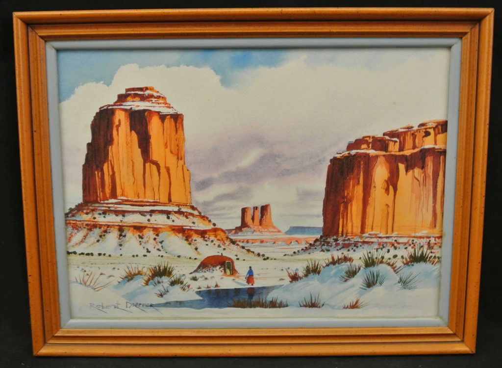 Original Water Color Painting by Navajo-Laguna Art: Original Water Color Painting by Navajo-Laguna Artist Robert Draper (1938-2000). Titled Valley Winter” the image measures 15” x 11” and the frame measures 17.5” x 13”. Value $300-500. RESERV