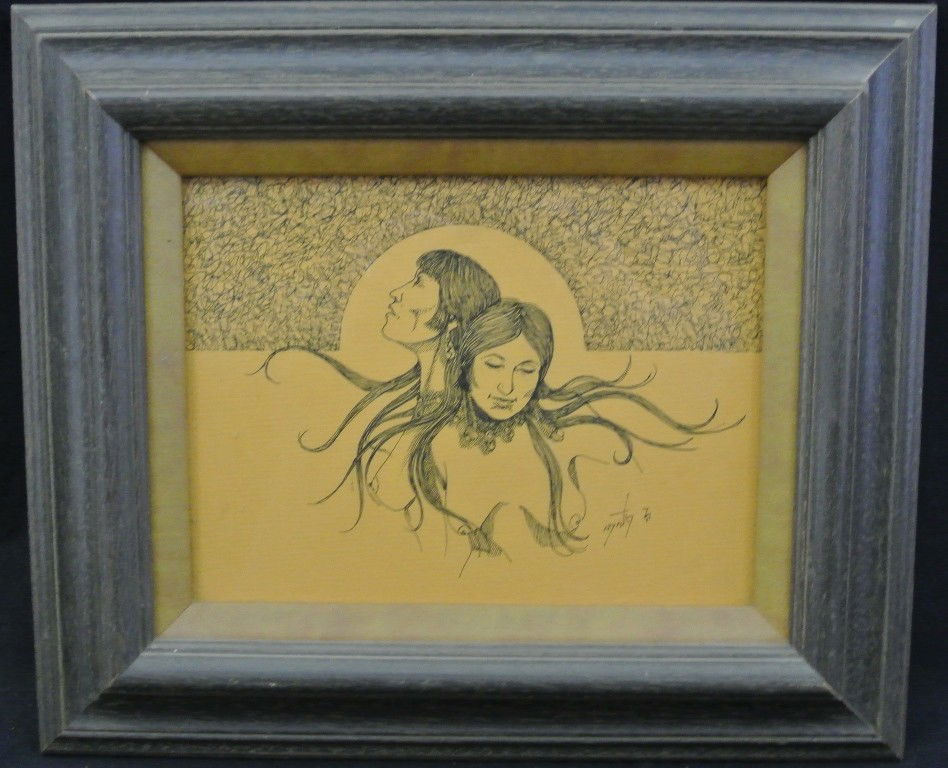 Original Pen and Ink Drawing by Hopi Artist Neil D: Original Pen and Ink Drawing by Hopi Artist Neil David, Sr. (1944-). Titled “Nudes” the image measures 9” x 7” and the frame measures 14.5” x 12.5”. Value $200-300