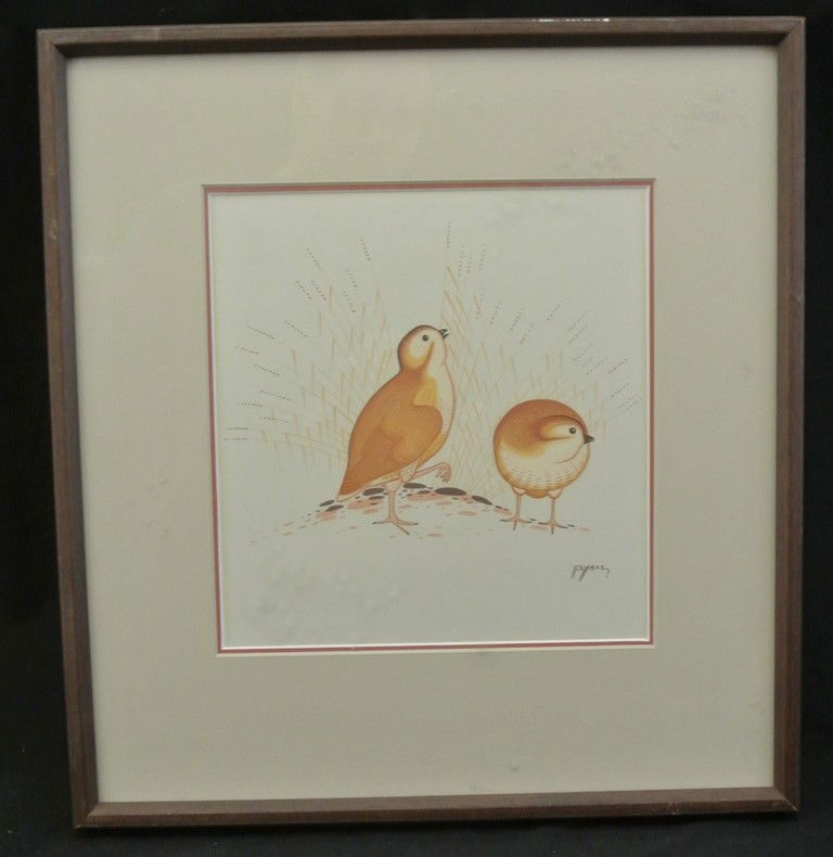 Original Tempera Painting by Navajo Artist Beatien: Original Tempera Painting by Navajo Artist Beatien Yazz (1928-). Titled “Two Quails”, the image measures 8” x 9.5” and the frame measures 15” x 16.5”. value $200-300