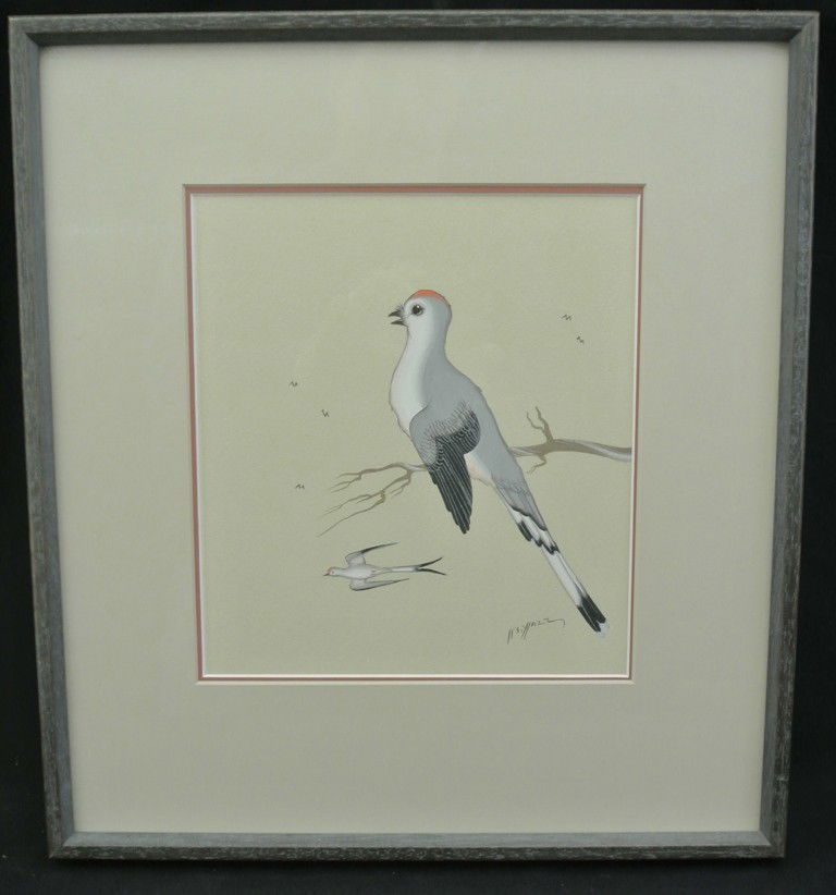 Original Tempera Painting by Navajo Artist Beatien: Original Tempera Painting by Navajo Artist Beatien Yazz (1928-). Titled “Scissor Tailed Flycatcher”, the image measures 8” x 9.5” and the frame measures 15” x 16.5”. value $200-300
