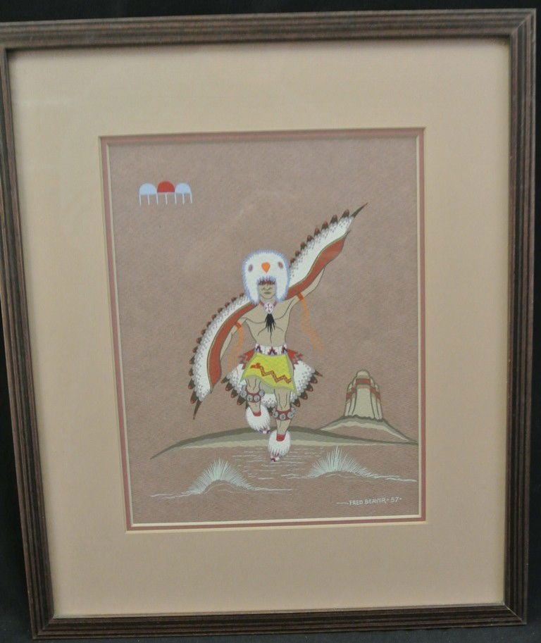 Original Tempera Painting by Muscogee Creek-Semino: Original Tempera Painting by Muscogee Creek-Seminole Artist Fred Beaver (1911-1980). Titled “Sioux Eagle Dancer”, the image measures 10” x 8” and the frame measures 13.5” x 15.75”. Value $
