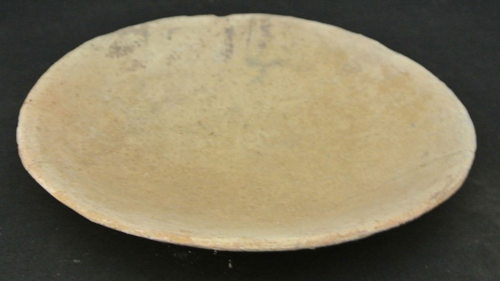 Prehistoric Hohokam Pottery Platter.: Prehistoric Hohokam Pottery Platter. This platter measures 9” in diameter x 1 ½” deep. It has traces of buff designs on the inside, but most have been woprn away. It has a crack which has not bee