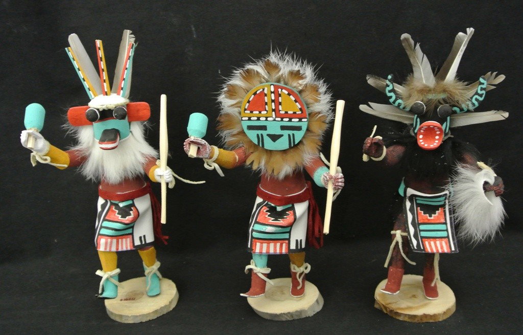 3 Contemporary Kachina Dolls by Frances Largo: 4 Contemporary Kachina Dolls by Frances Largo. These are well made dolls-not the typical tourist pieces and are approx. 8” tall. Included are Black Ogre, Three Horned and Sun Face Dolls. Value $125-