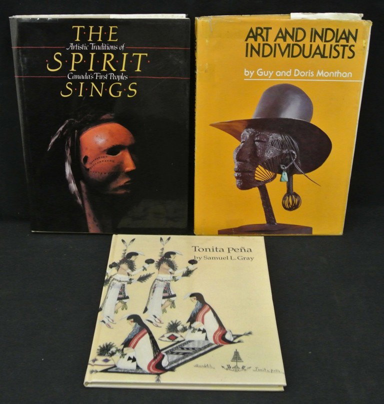 Lot of 3 Hard Bound Indian Books: Lot of 3 Hard Bound Indian Books. Titles include;”Tonita Pena” by Samuel Gray, “The Spirit Sings, Artistic Traditions of Canada’s First Peoples” and “Art and Indian Individualists” by Gu