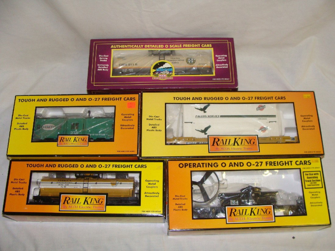 Lot of 5 RailKing MTH Freight Cars: Lot Includes, Timken Tank Car 30-7328, New York Central bay Window Caboose 30-7739, TV4 Flat Car w Helicopter 30-7695, Chicago Northwestern Husky Stack Car 30-7689 and BNSF Tank Car #911 2092014