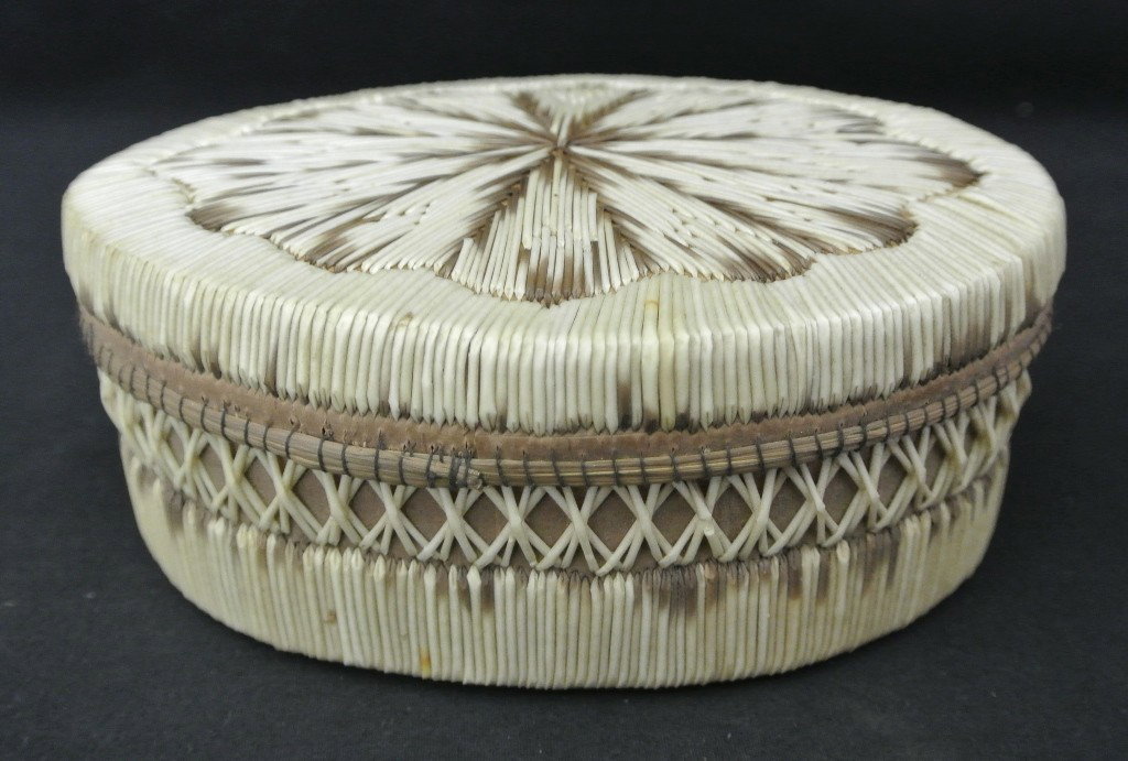Oval Birch Bark Box with Quilled Designs: Oval Birch Bark Box with Quilled Designs. Measures 6” long x 4” wide x 2.5” high with natural color quill designs on lid and sides. Circa 1960’s. value $100-125