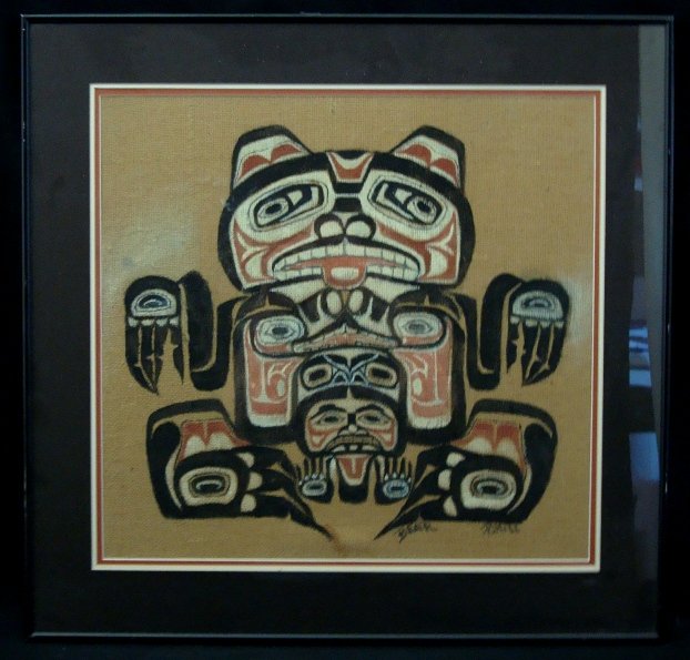 PJ Hill Indian Painting on Burlap, Signed: PJ Hill Burlap Northwest Pacific Indian Painting Titled 'Bear'; amazing matted and framed piece measuring approx 25.5" x 24.5" and is in excellent condition; features a painting done on burlap that de