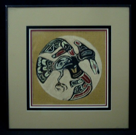 PJ Hill Indian Painting on Burlap, Signed: PJ Hill Burlap Northwest Pacific Indian Painting Titled 'Raven'; amazing matted and framed piece measuring approx 19.5" x 19.5" and is in excellent condition; features a painting done on burlap that d