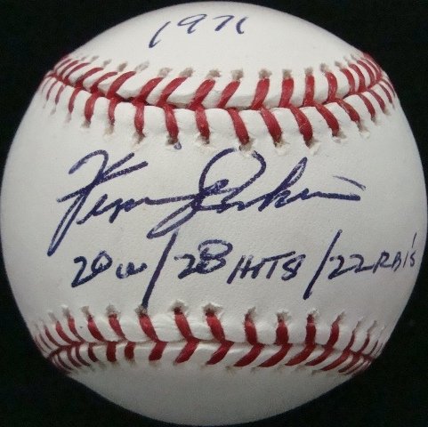 Fergie Jenkins Single Signed Stat Ball: MLB Bud Selig Baseball Signed by Jenkins on the sweet spot in blue ballpoint pen; '1971' inscription on the heel above signature; 20 w/28hits/22RBI's inscribed under signature; comes with an ALOA from