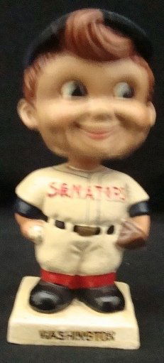 1960's Washington Senators White Base Nodder: Very Nice Harder-to-Find 1960's Washington Senators White Square Base Nodder; VG-EX condition; no cracks, very small chip on rim of cap; stands approx 6" tall and 2.5" x 2.5" at the base; embossed, ha