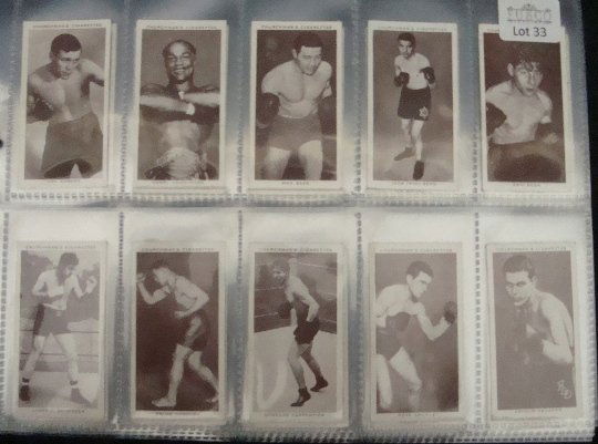 1938 Churchman Boxing Complete Set: W.A. & A.C. Churchman Boxing Complete (50) card tobacco card set includes many referees, promoters, managers, and 16 Hall of Fame boxers, such as, Jack Dempsey, Joe Louis, and Jack Johnson. Each car
