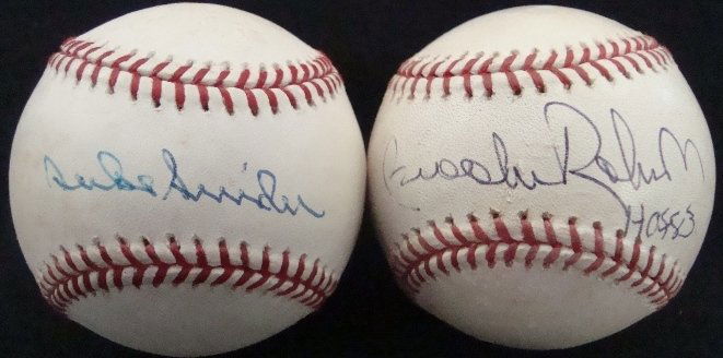 B Robinson, D Snider Single Signed Baseballs: Lot of (2) Single Signed Baseballs signed by HOFers; includes Official MLB Bud Selig Ball signed by Duke Snider on the sweet spot in blue ink; nice, clean signature, JSA Basic Cert #G94268; also inclu