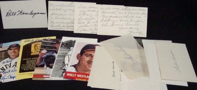 Lot of (17) Signature Cuts & Postcards, JSA: Lot of (17) Baseball Signature Cuts and Postcards; includes Bill Wambsganss, includes (3) note cards from Bill Wambsganss about his life signed 'Wamby'; Willis Hudlin, Tom Buskey, Ken Konz, Otto Graha