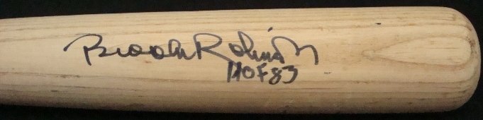 Brooks Robinson, Al Bumbry Autographed Bats, JSA: Lot of (2) Autographed Bats; includes natural colored Rawlings Adirondack Store Model Bat signed by Brooks Robinson on the barrel in black sharpie marker with 'HOF 83' inscription - nice clean signatu