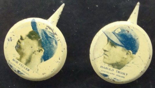 1938 Our National Game Pins, Feller & Trosky: 1938 Our National Game Pin Pair; overall condition is EX; includes #8 Bob Feller and #30 Hal Trosky; both have original bendable tabs; great pair of early pins; do not have original cardboard backing.