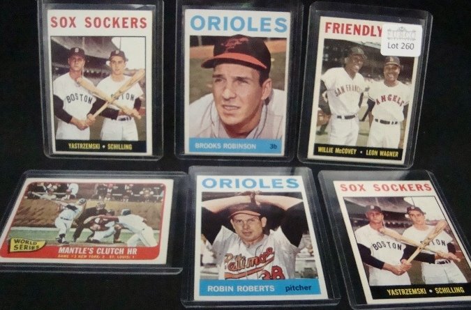 1964-65 Topps Star Card Lot, Mantle Clutch Card: Lot of (6) 1964-65 Topps Star Cards; overall condition is VG-EX to EX with some variation; 1964 cards include #41 Friendly Foes (Willie McCovey - Leon Wagner); (2) #182 Sox Sockers (Yastrzemski - Schi