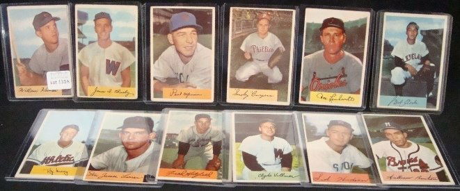 1954 Bowman Baseball Card Lot, Avila, Larsen: Lot of (12) 1954 Bowman Baseball Cards; overall condition is VG to EX with some variation; includes #5 Hunter, #8 Busby, #13 Minner, #31 Burgess, #53 Lenhardt, #68 Avila, #83 Murray, #101 Larsen, #119