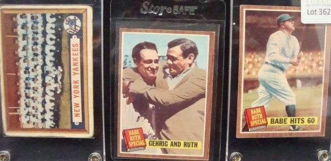 1962 Topps & 1957 Topps, Ruth & Yankees Team Cards: Lot of (3) Topps Cards; overall condition is VG to EX; includes 1962 Topps #139d (no pole) Babe Hits 60; 1962 Topps #140 Gehrig and Ruth and 1957 Topps #97 New York Yankees Team Card; nice group ready