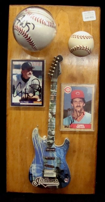 Eric Wedge, Carl Willis Autographed Display: Indians Eric Wedge & Carl Willis Autographed Display; measures approx 7"x 15" and is ready for display; contains a mini Clevealnd Indians Rock & Roll Hall of Fame Jacobs Field guitar surrounded by an 