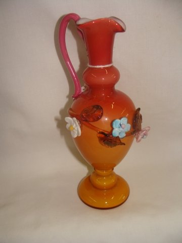 Thomas Webb & Sons Peahcblow Pitcher w Applied Han: Stands 8" tall with no apparent issues