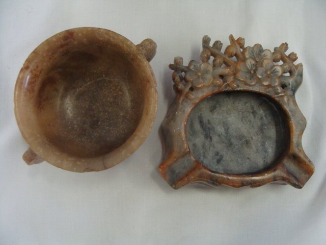 Pair Carved Soapstones Ashtray & Tea Cup: ashtray 4 1/4" x 4" , teacup 2 1/2" tall, 4 1/2" h-t-h