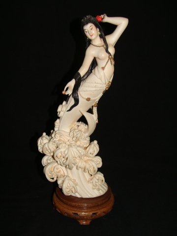 11" Carved Painted Ivory Mermaid Figure: She sits 11" tall upon a 1 1/2" attached base, possible repair or break to base